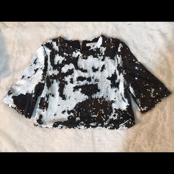 NWOT Medium 6 black white sequin crop top blouse - Picture 3 of 8